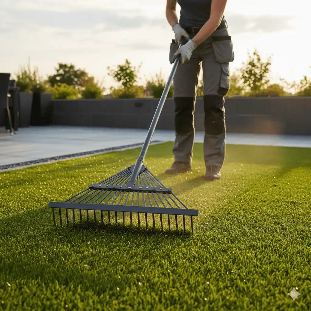 Maintaining artificial turf with a rake for a neat and clean appearance