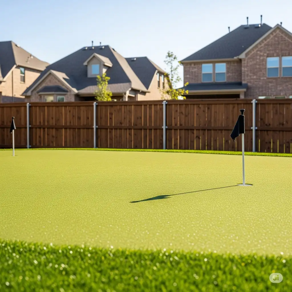 A professionally installed artificial putting green turf in a residential Dallas backyard. The vibrant green synthetic putting green features two black flags marking the holes, with the texture of the turf clearly visible. This low-maintenance artificial putting green provides a perfect at-home golfing experience in Dallas, surrounded by a wooden fence and neighboring houses under a clear sky.
