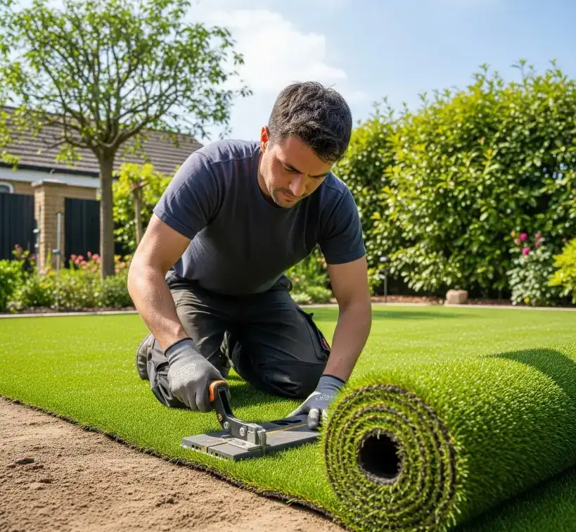 Professional installing artificial turf in a residential yard