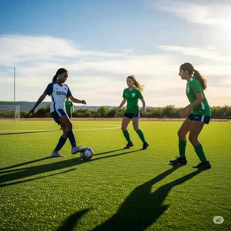 Artificial Turf Installation 5 girls playing soccer on an artificial turf field during the day with clear skies.