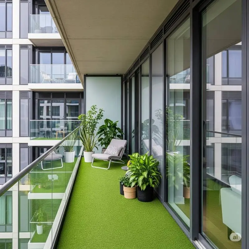 Modern Dallas apartment balcony with vibrant green turf, potted plants, and a lounge chair.