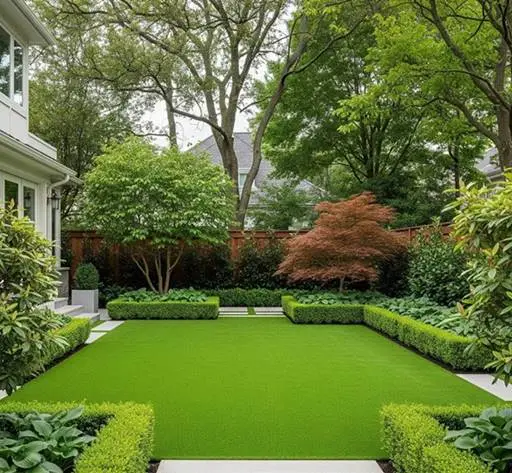 A beautifully landscaped backyard features a flawlessly green lawn made of Texas Tuff artificial grass, surrounded by carefully shaped hedges and diverse plants, with modern pavers creating defined spaces.