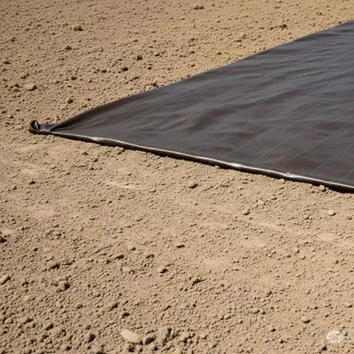 Weed barrier fabric laid down before artificial turf installation.