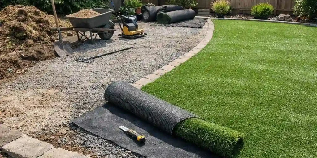 Artificial grass installation in a backyard with tools and turf rolls.