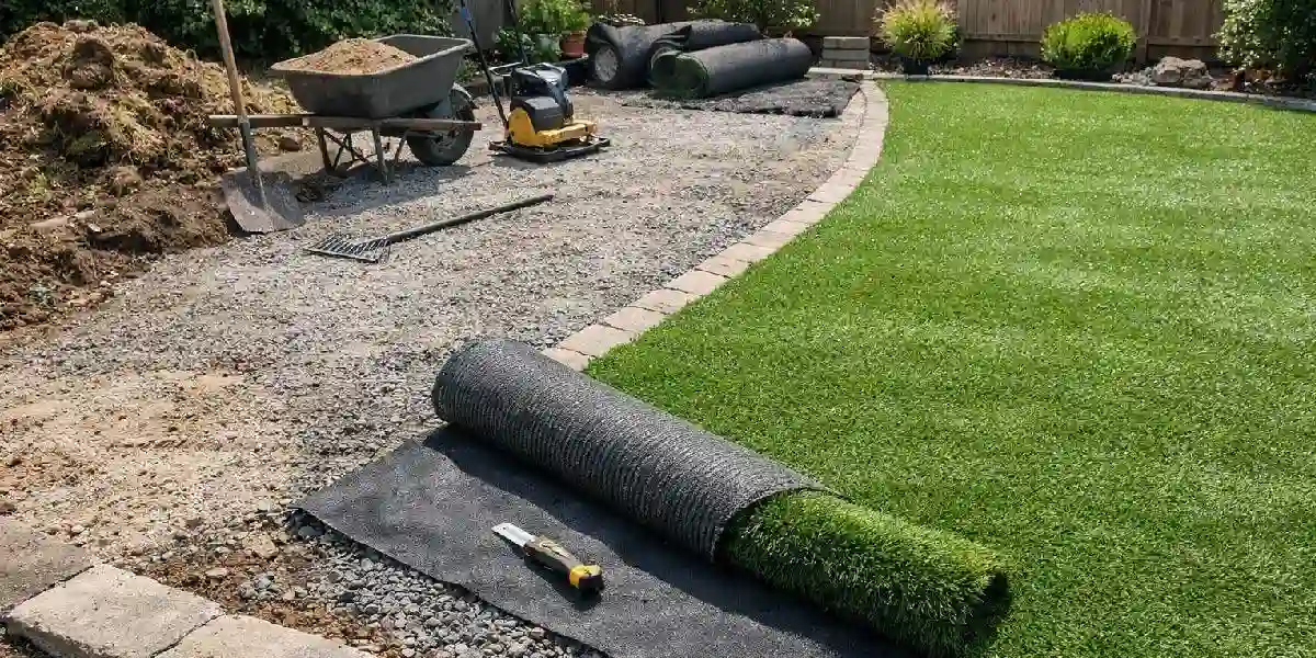 artificial grass installation in a backyard with tools and turf rolls.