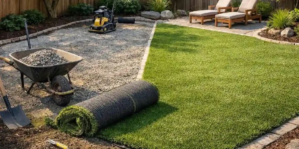 Artificial grass installation in a garden with materials and equipment.