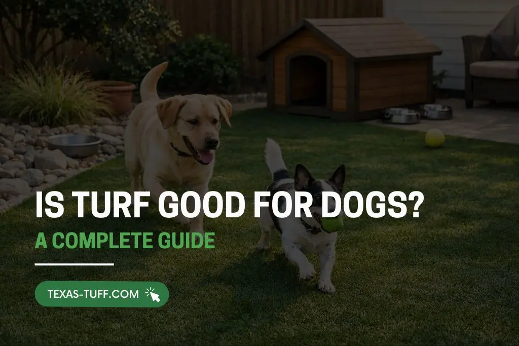 Pet-friendly artificial turf yard with dogs running on synthetic grass