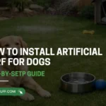 Artificial turf for dogs with golden retriever resting on green lawn