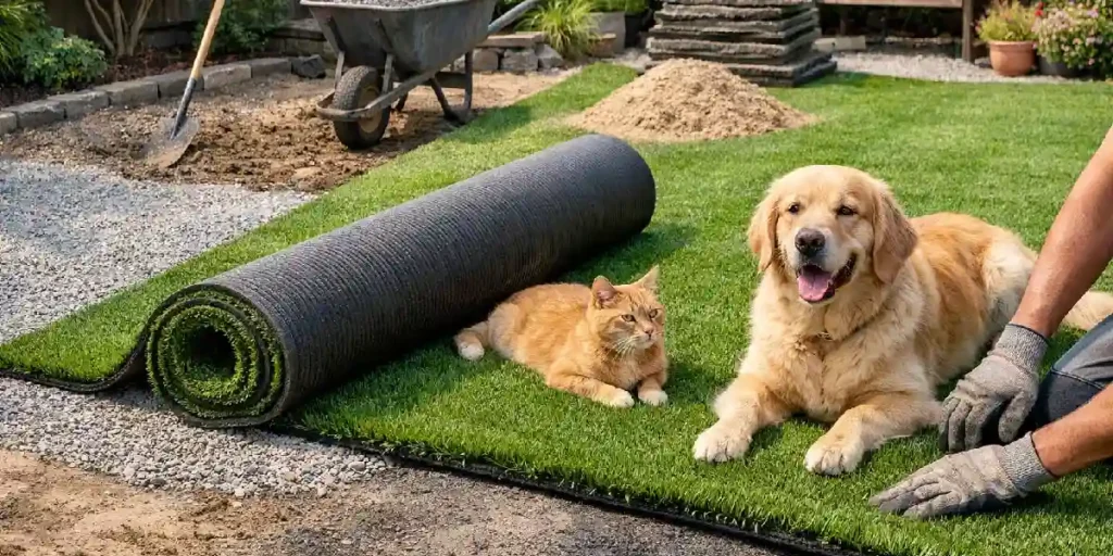 Pet-friendly artificial turf installation in a home yard.