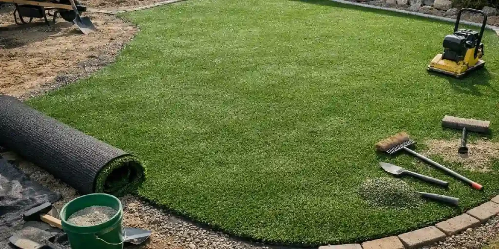 Freshly installed artificial turf with professional tools and equipment.