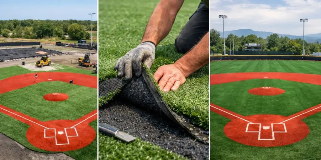 Step-by-step turf installation on a baseball field.