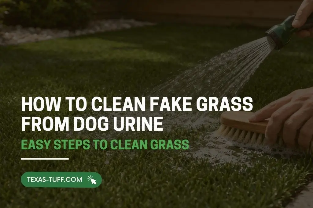Dog urine odor removal on artificial grass with water and brush.