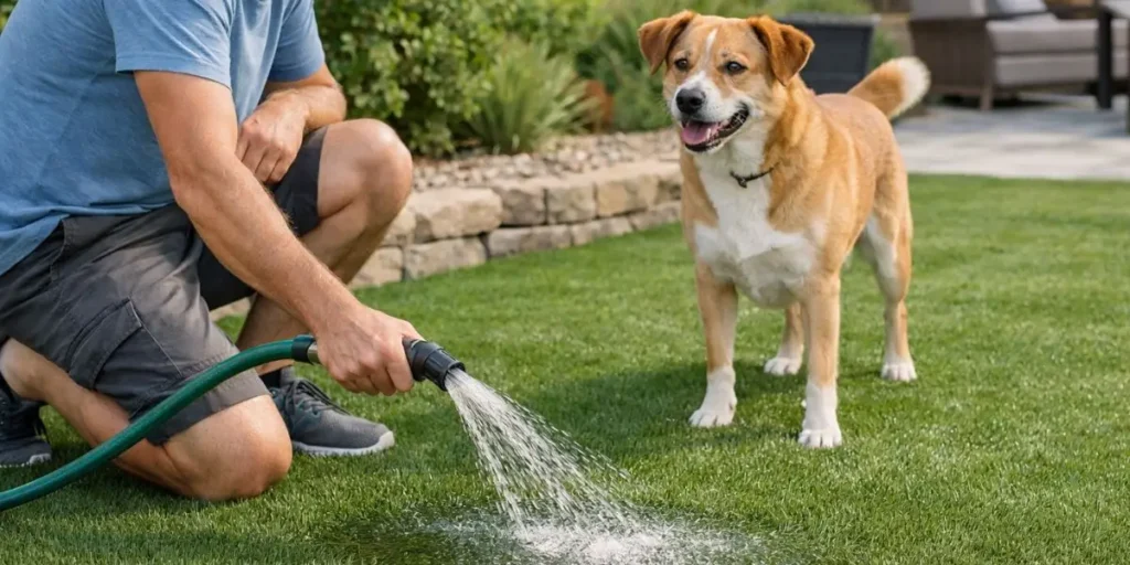 Rinsing fake grass to remove dog urine odor with garden hose.
