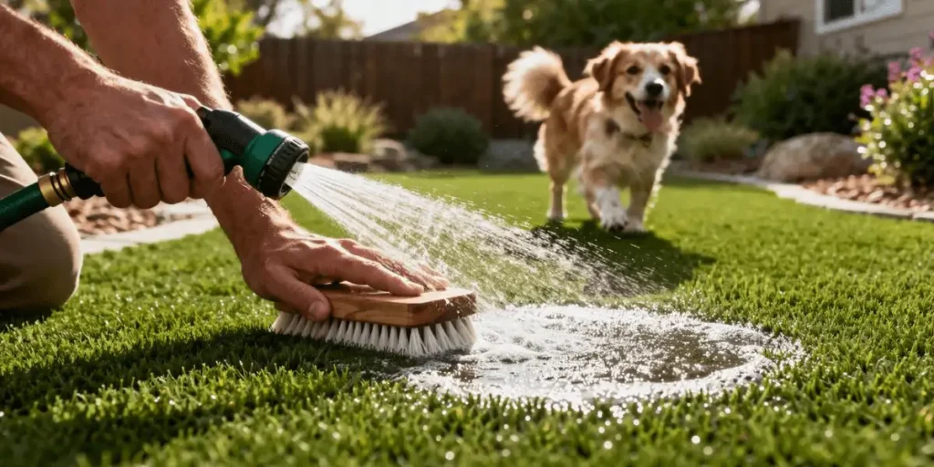 Cleaning fake grass from dog urine with a garden hose and brush.