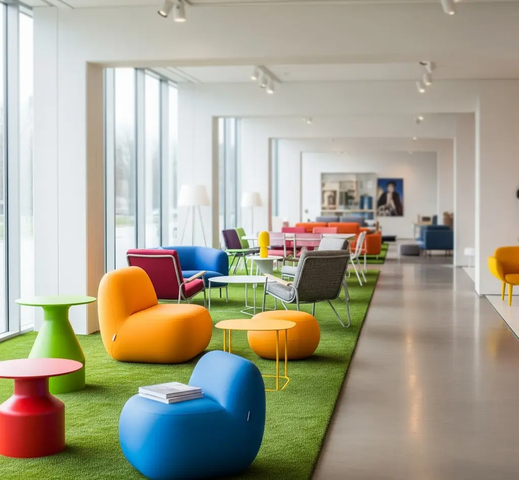 Modern office with colorful furniture and durable commercial turf flooring.