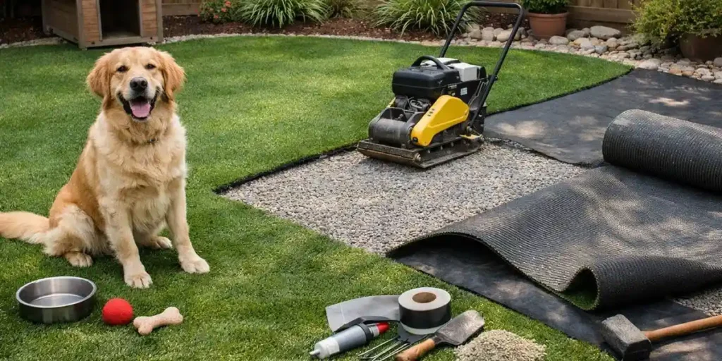 Dog-friendly artificial turf with installation tools.
