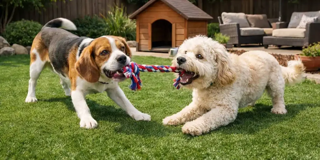 Pet-friendly artificial turf with dogs playing tug-of-war