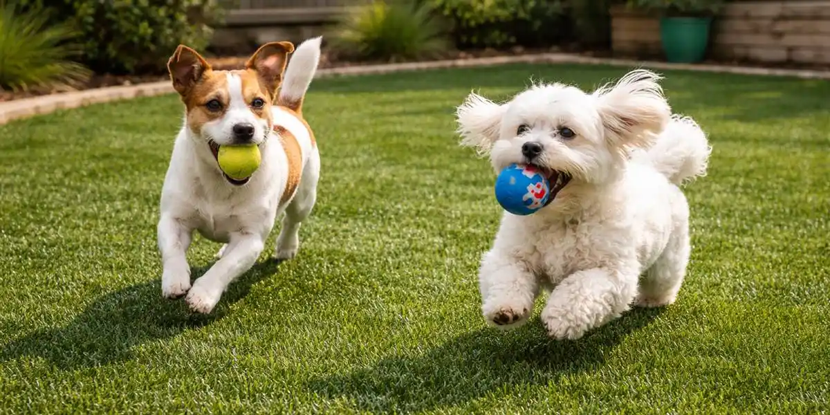 All Services 3 happy dogs playing fetch on pet-friendly artificial turf