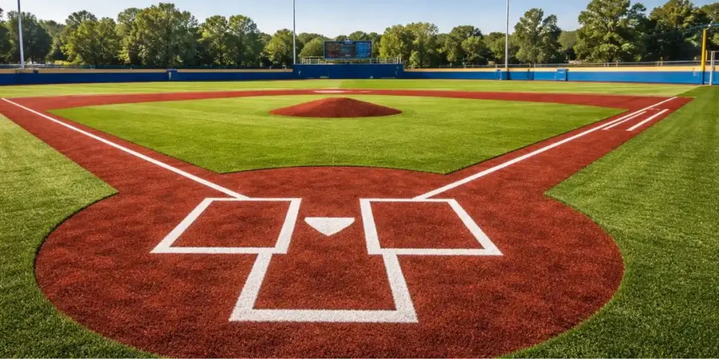 Artificial turf baseball field with clear white lines and red infield