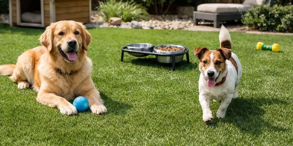 Golden retriever and Jack Russell Terrier enjoying artificial turf yard