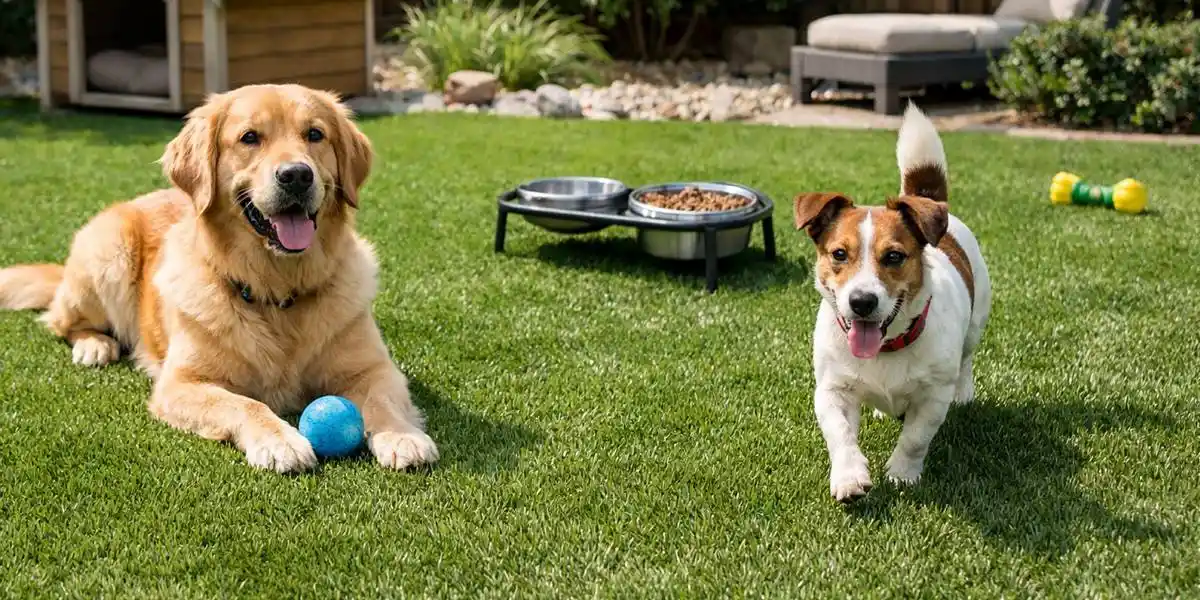 Commercial Turf Installation 5 golden retriever and jack russell terrier enjoying artificial turf yard