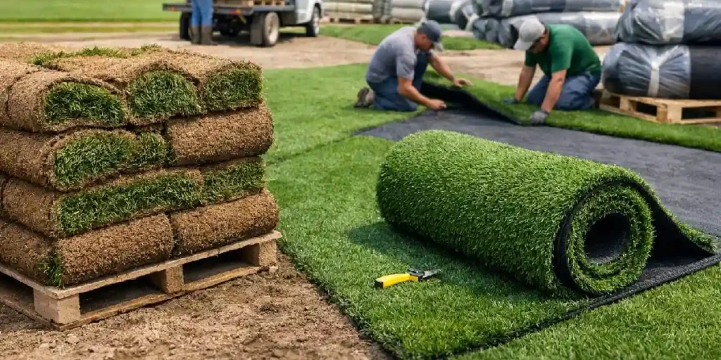 Workers rolling and laying sod grass for a beautiful lawn installation.