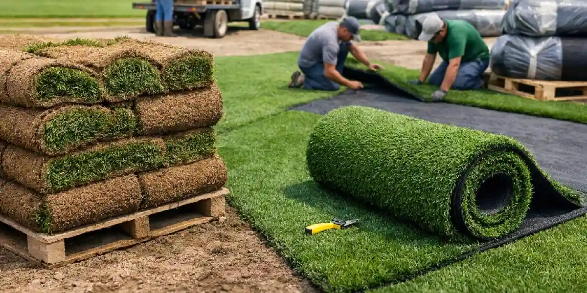 workers rolling and laying sod grass for a beautiful lawn installation.