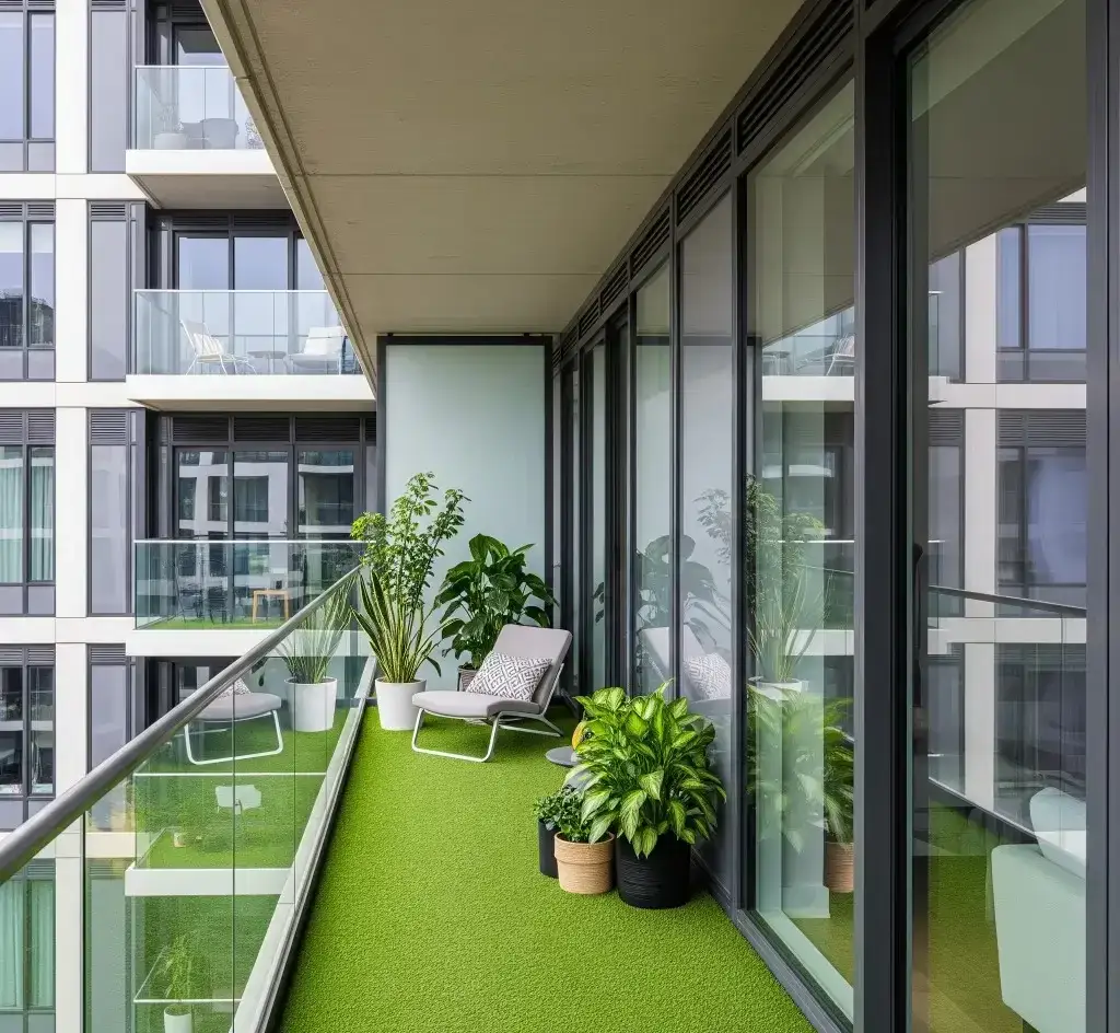 Residential turf covering balcony with plants in Addison, TX.