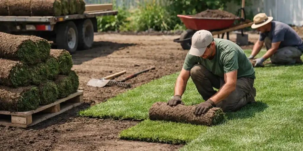 Lawn turf installation with professional landscapers.