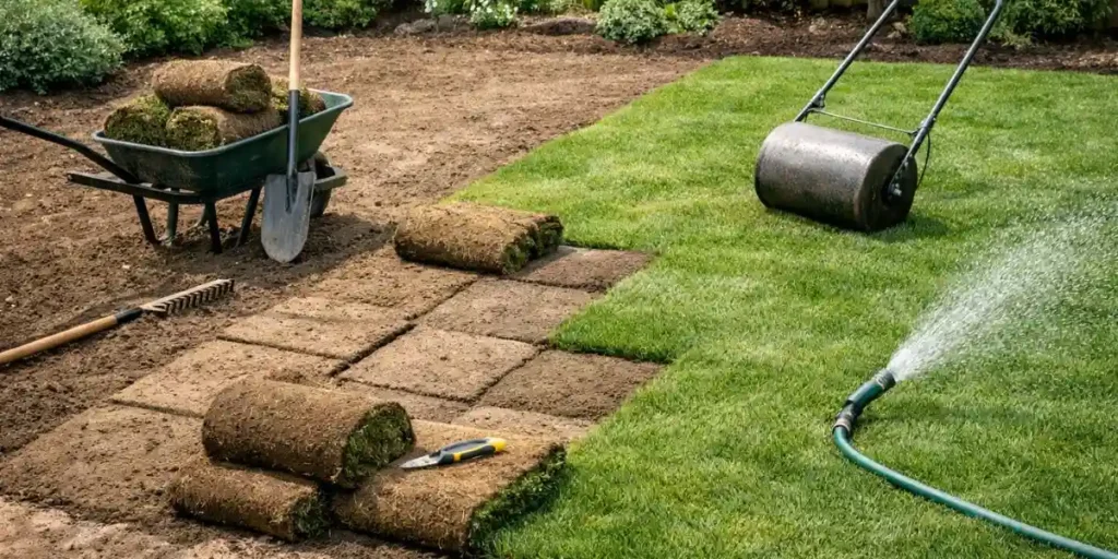 Rolling out turf lawn with proper tools and watering.
