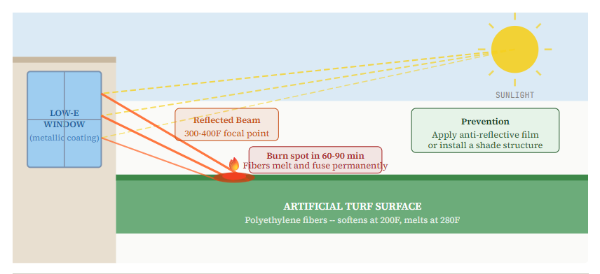 Low-E Window Reflection Effect -- How It Burns Artificial Turf